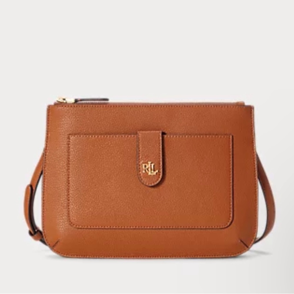 Lauren Ralph Lauren Tan Pebbled Leather Flat Medium Jamey Crossbody Bag New $195
